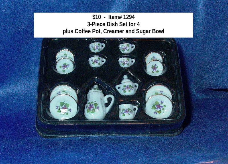 $10  -  Item# 1294
3-piece settings for 4 with Coffee Pot, Creamer and sugar bowl