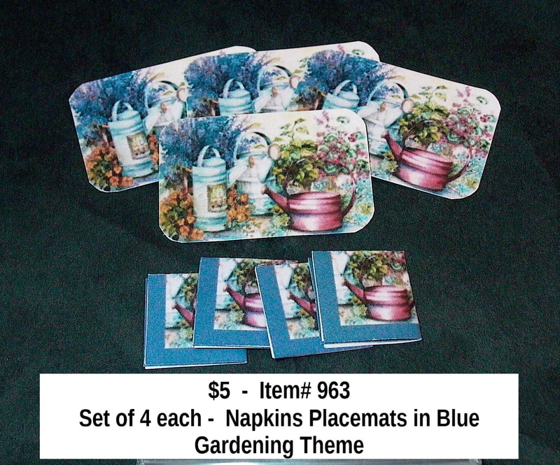 $5  -  Item# 963  -  Set for 4 Napkins and Placemats Blue Garden Theme