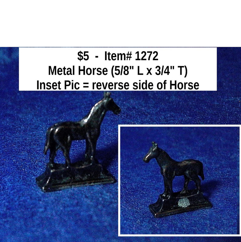 $5  -  Item# 1272 
Metal Horse on Stand
Item is painted to look like a bronze statue - there is a mark on the reverse side of the horse - see picture